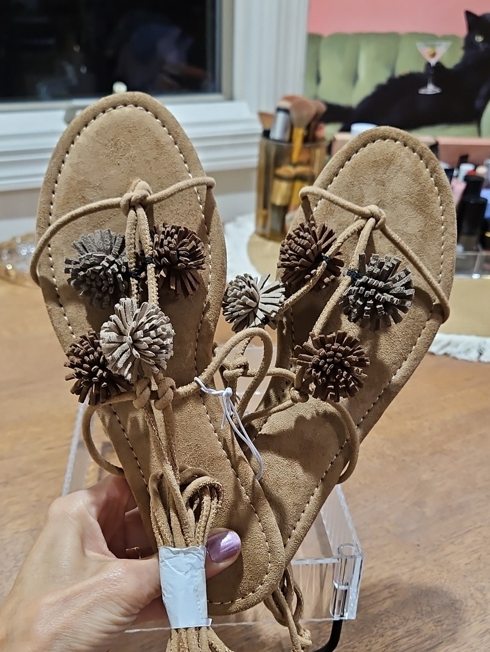 Universal Thread Tan Suede Pom-Pom Lace-Up Sandals